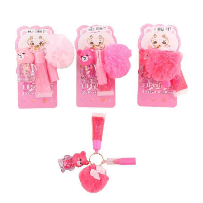 3-in-1 Bear Lip Gloss Keychain Set – Lucky | Includes Lip Balm, Lip Oil, & Glitter Gloss with Pink Pom-Pom Charm (DNV-3232)