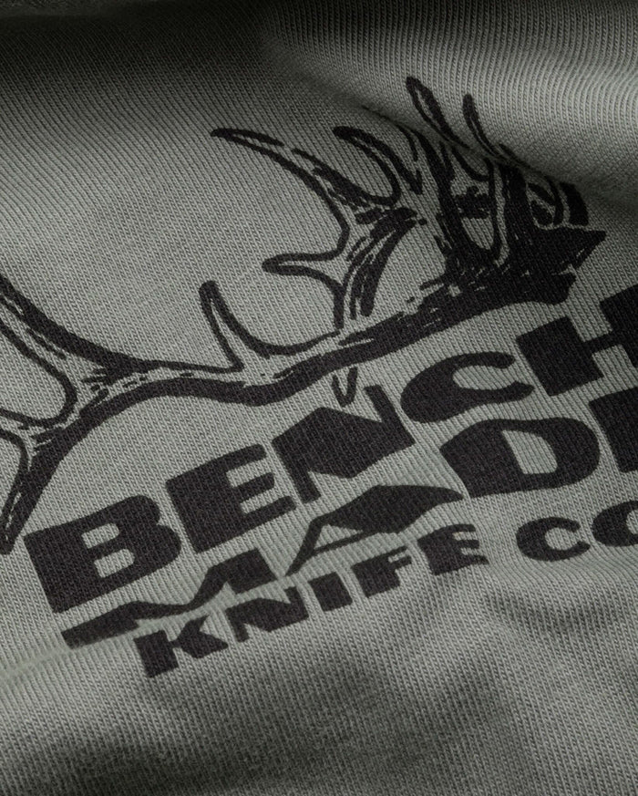 Antler SS Mens Tee - Close-up of Antler and Benchmade Logo Detail | Benchmade Knife Co.