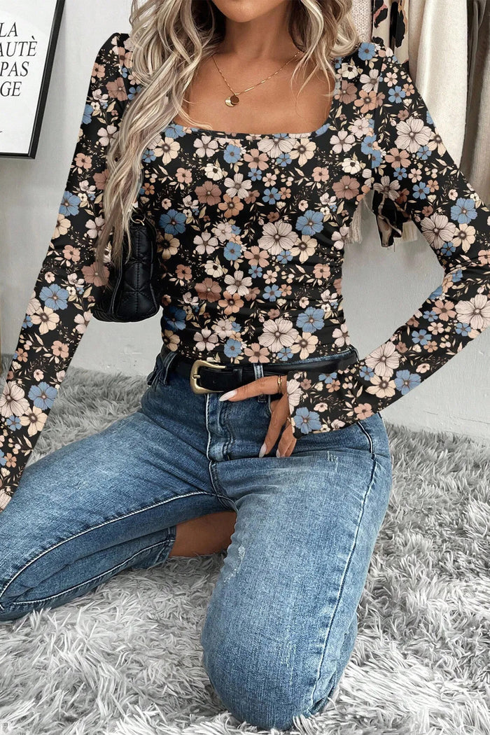 Black Floral Print Slim Long Sleeve T Shirt
