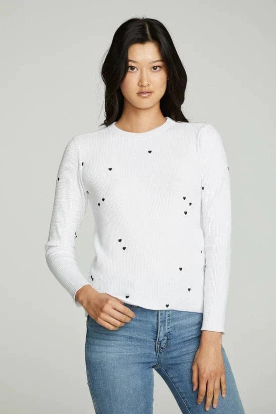 Chaser Waffle Crewneck with Black Hearts - Taryn x Philip Boutique