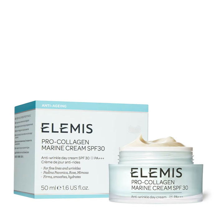 Elemis Pro-Collagen Marine Cream SPF 30 face cream in 50ml jar, with a smooth, hydrating texture and marine skincare ingredients.
