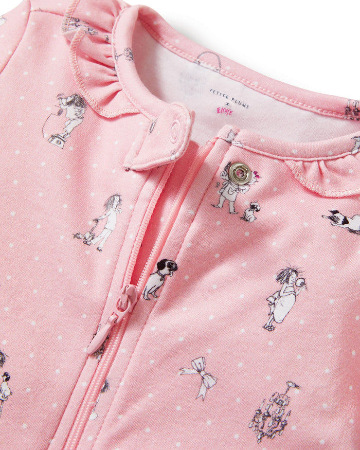Detail view of Eloise Adventures pink baby romper
