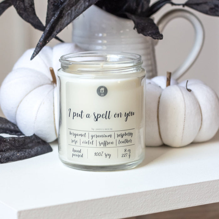 Halloween Candle I put a spell on you - 8 oz | Bergamot + Geranium + Rose + Violet + Raspberry + Saffron + Leather +Vetiver - Jarful House