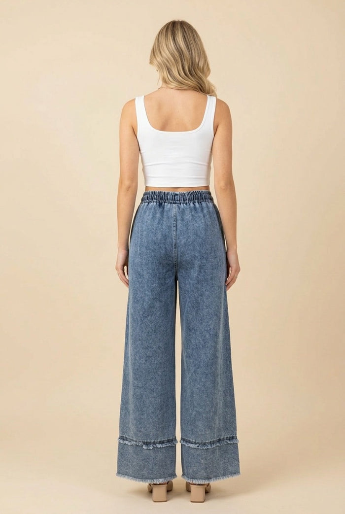 Happy Days LIGHT WASH Floral Appliqué Wide Leg Elastic Jeans