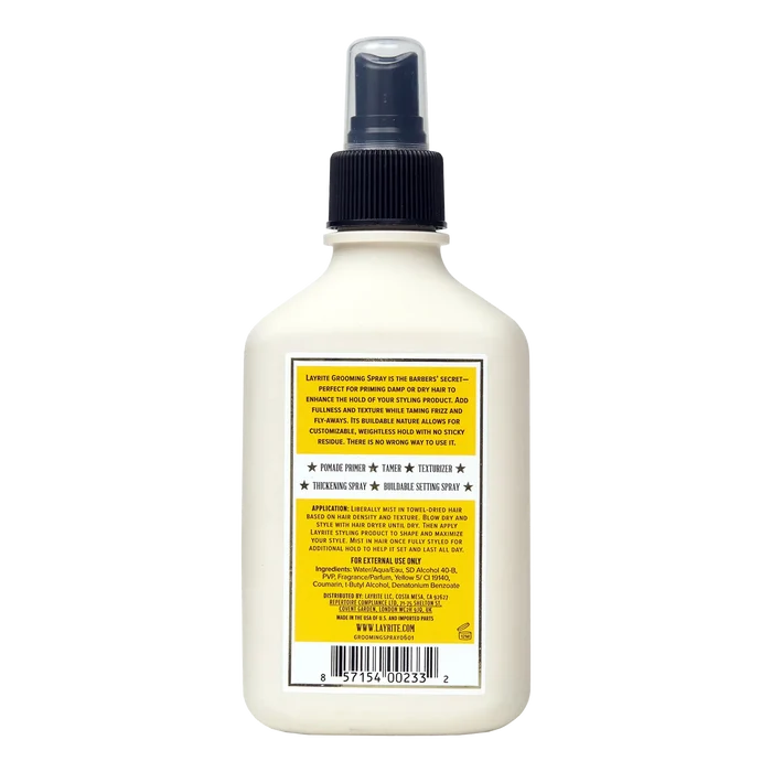 Baksiden av Layrite Deluxe Grooming Spray med bruksanvisning og ingredienser på gul etikett