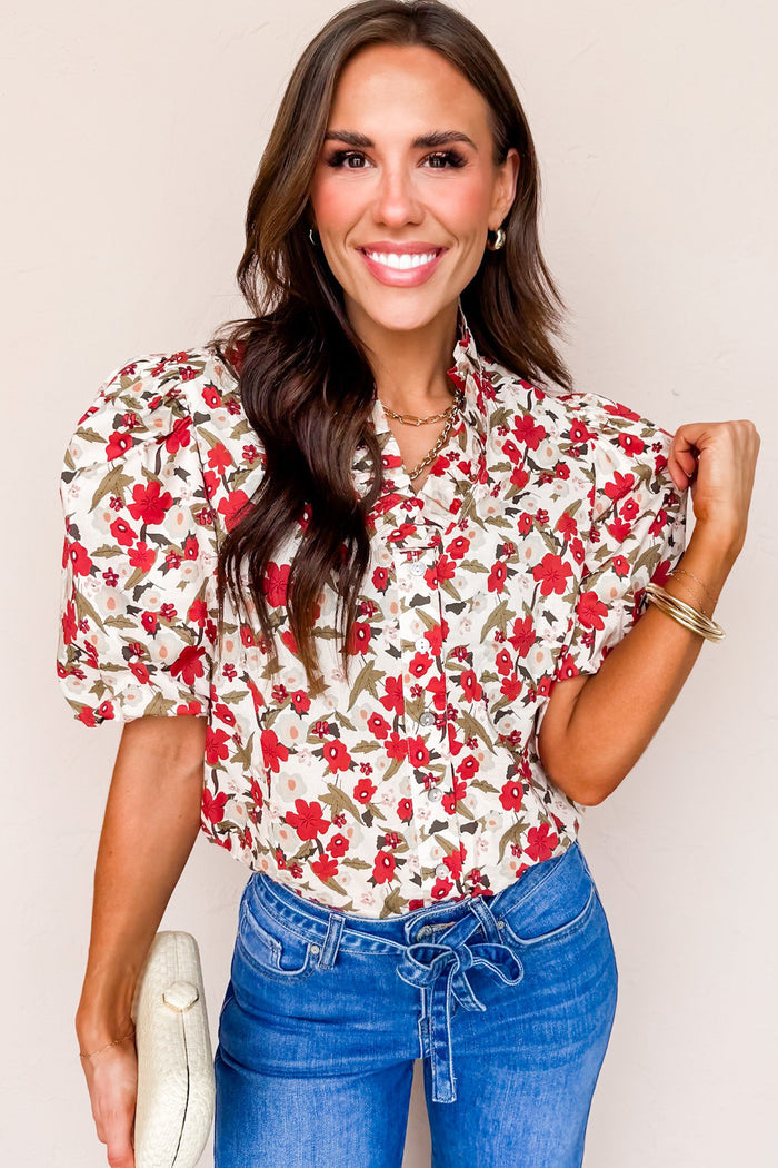 Red Floral Print Short Puff Sleeve Button Front Shirt
