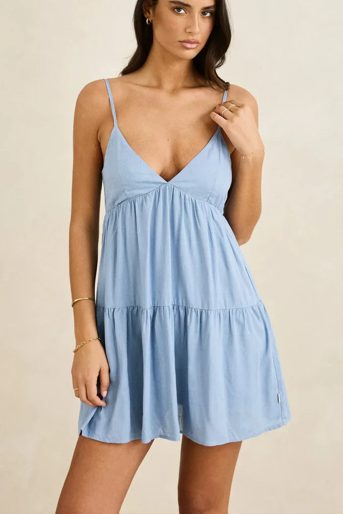 Rhythm Classic Tiered Mini Dress - Steel Blue