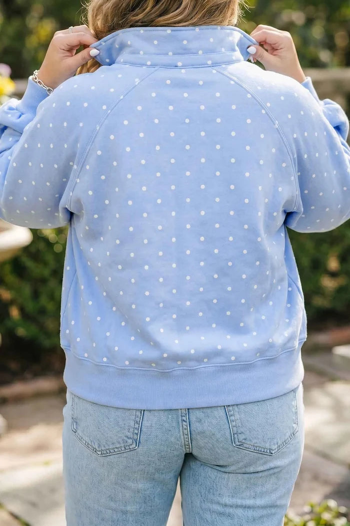 Sky Blue Polka Dot V Neck Sweatshirt Plus Size