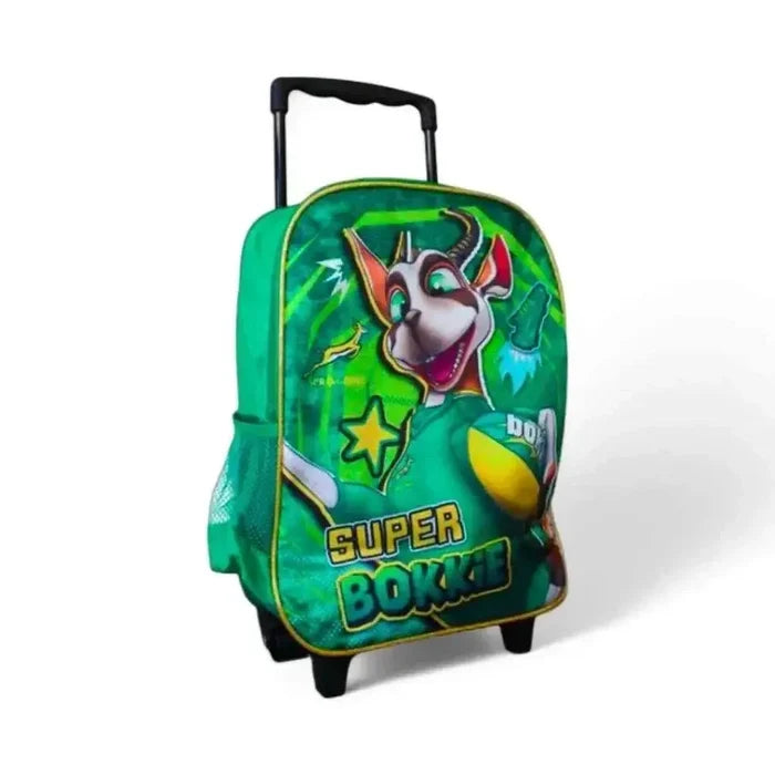 Green Springbok "Bokkie" Trolley Bag for kids with mascot design and retractable handle