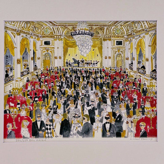 A framed art print depicting a crowded ballroom scene with elegantly dressed guests, red coats, gold drapery, and an orchestra on stage, shown against a light neutral background.