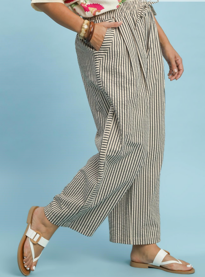 What a Feeling Latte & Black Linen Striped Pants - Umgee