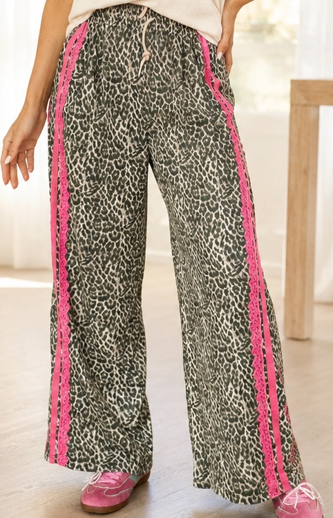 Wild Time Leopard & Hot Pink Lace Drawstring Pants