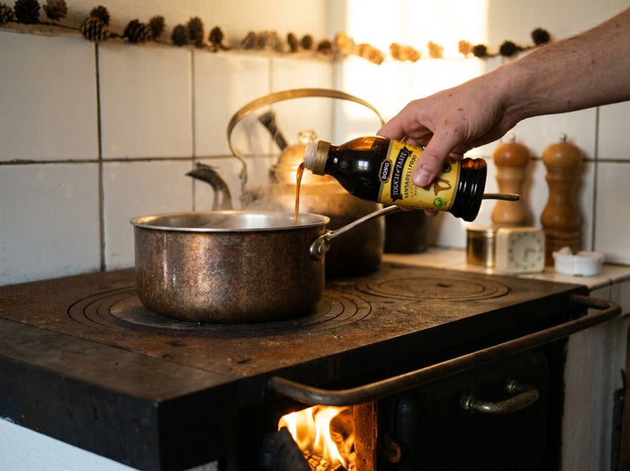 Hand pouring Touch of Taste Kantarellfond from a 180ml bottle into a copper saucepan on a wood-burning stove in a rustic Swedish kitchen, pine cones and warm light in the background