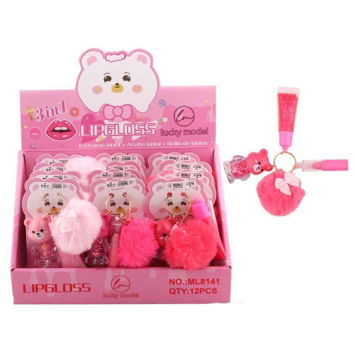 3-in-1 Bear Lip Gloss Keychain Set – Lucky | Includes Lip Balm, Lip Oil, & Glitter Gloss with Pink Pom-Pom Charm (DNV-3232)