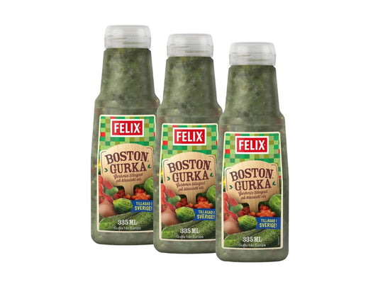 3 x Felix Bostongurka 335ml – Swedish Pickle Relish with Cucumber, Onion, Red Pepper and Mustard Seeds
