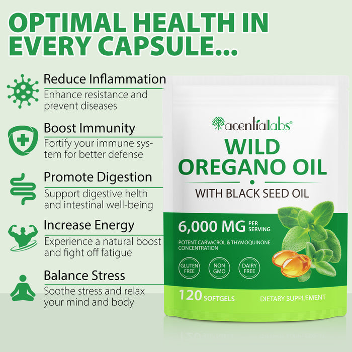acentiallabs WILD OREGANO OIL WITH BLACK SEED OIL 120 SOFTGELS Bagged Capsules