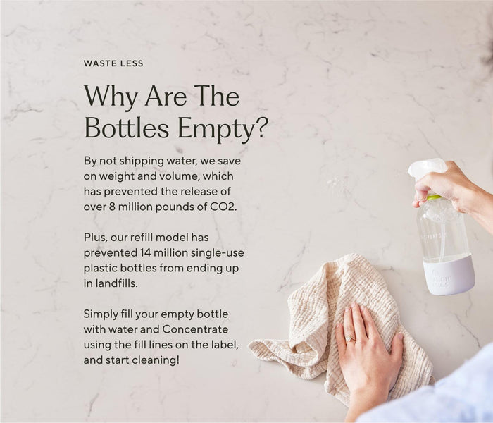 Embedded text that explains the environmental benefits of shipping refillable bottles empty vs full of water or Branch Basics Concentrate.