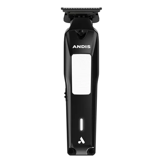 Glossy svart Andis Phenom trimmer montert med trimhode og lysende indikator