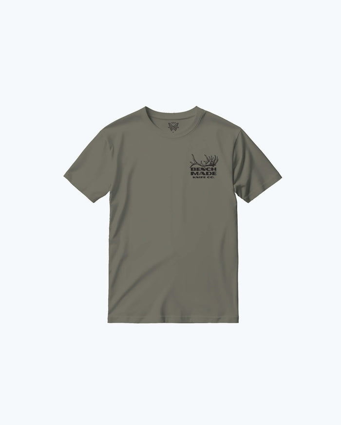 Olive Green Antler SS Mens Tee - Front View with Chest Logo | Benchmade Knife Co.