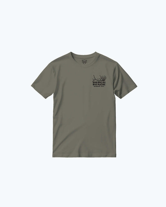 Olive Green Antler SS Mens Tee - Front View with Chest Logo | Benchmade Knife Co.