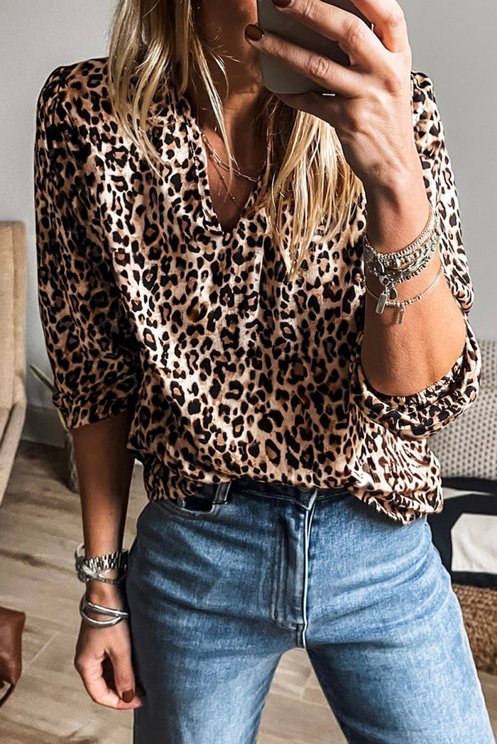 Apricot Leopard V Neck Half Sleeve Blouse
