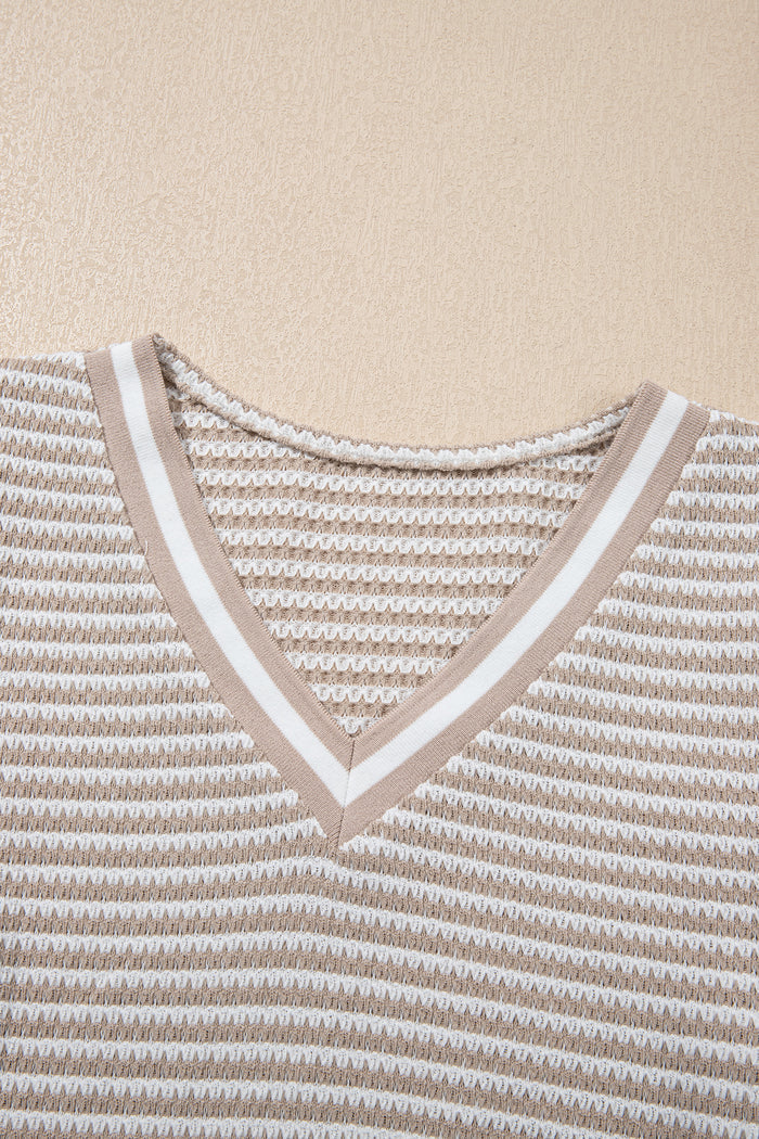 Beige Striped Textured Knit V Neck Casual Top