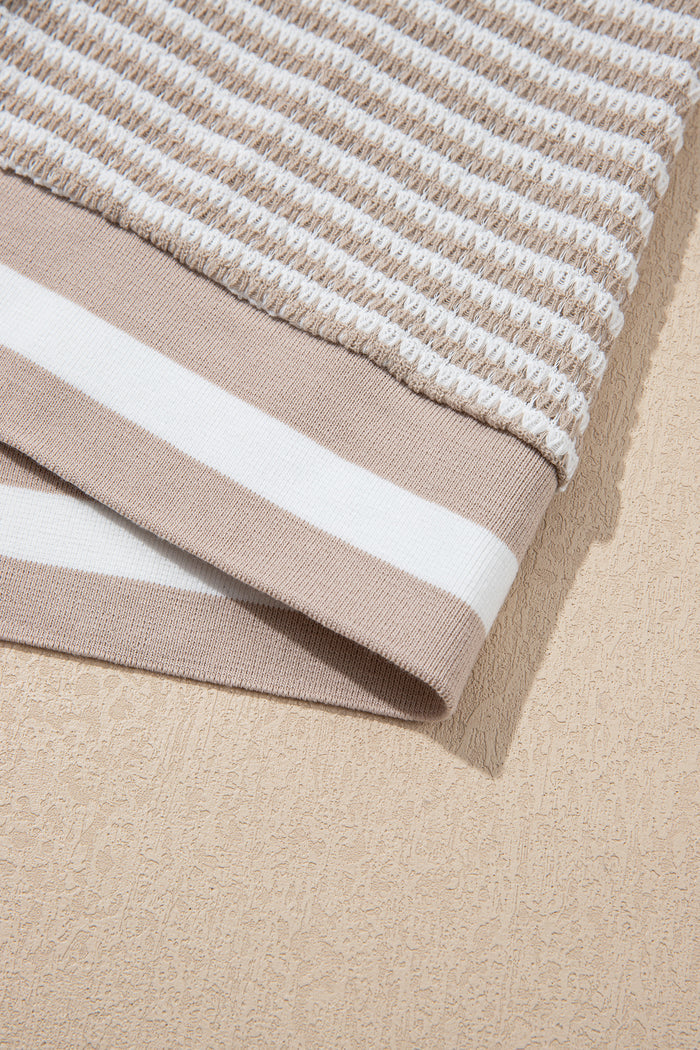 Beige Striped Textured Knit V Neck Casual Top