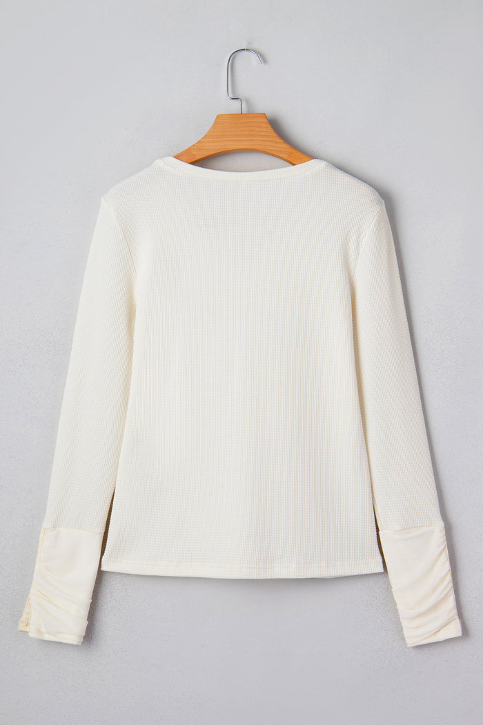 Beige Thermal Knit Lace Ruched Patchwork Long Sleeve V Neck Top