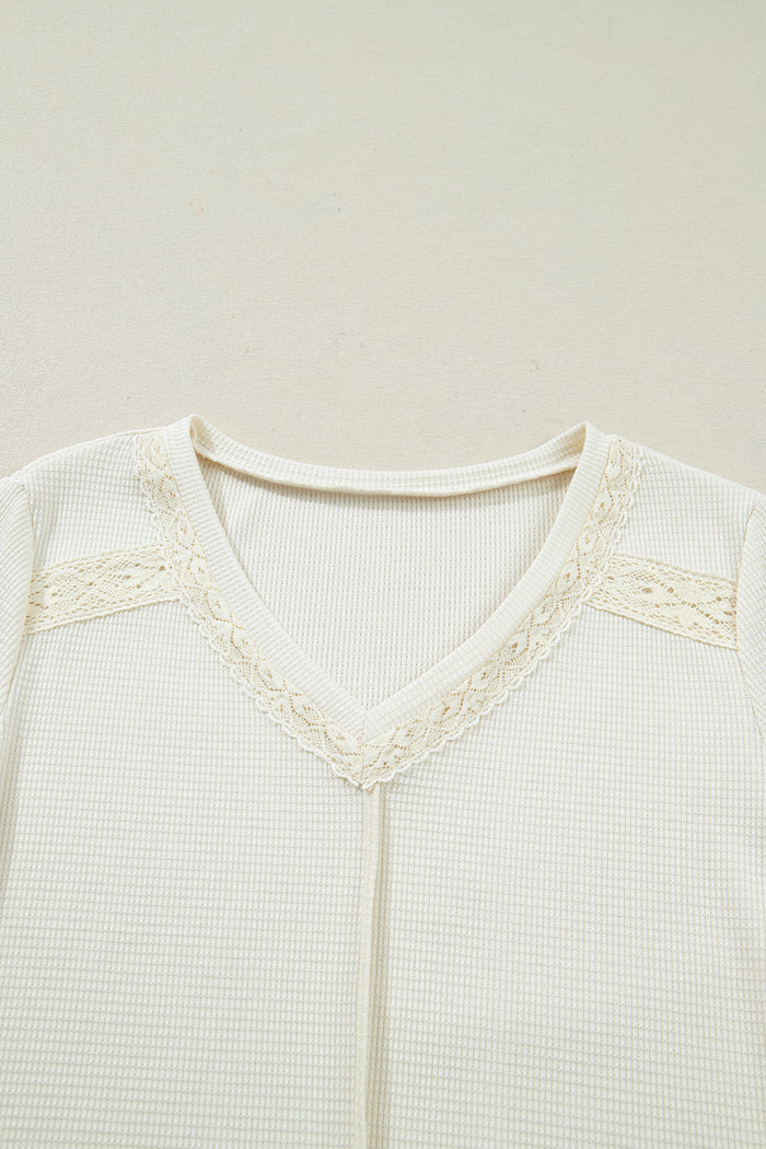 Beige Thermal Knit Lace Ruched Patchwork Long Sleeve V Neck Top