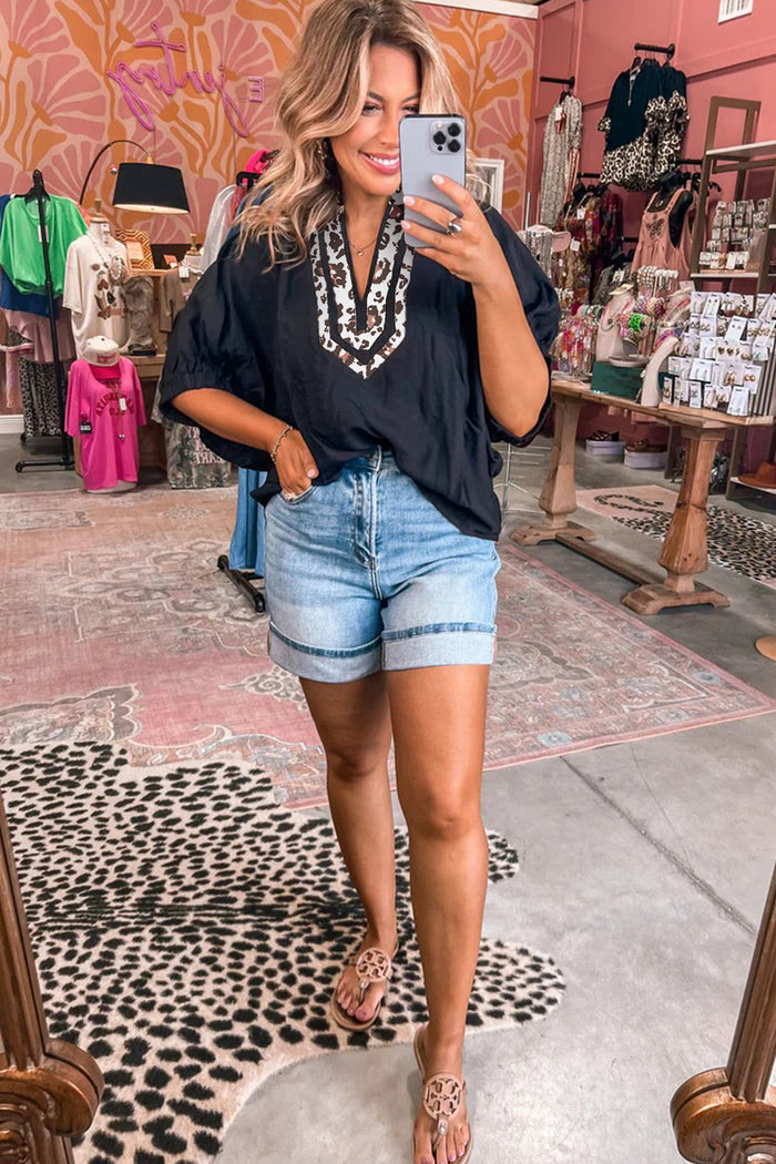 Black Dolman Half Sleeve Leopard Patchwork Trim V Neck Blouse