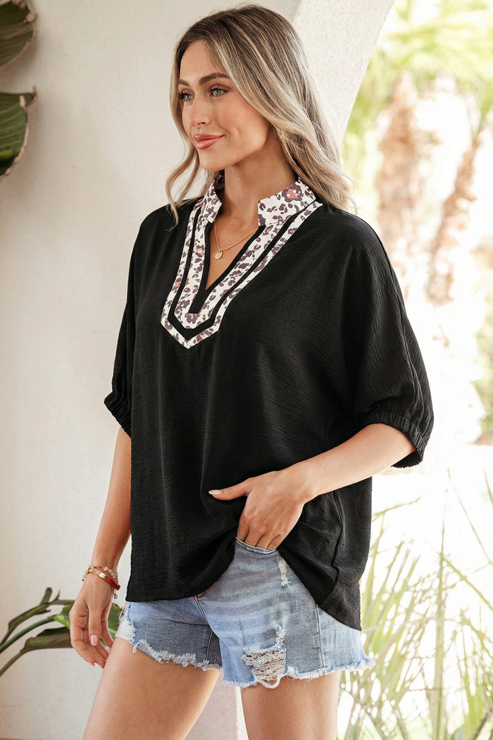 Black Dolman Half Sleeve Leopard Patchwork Trim V Neck Blouse