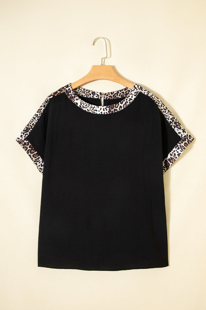 Black Plus Size Leopard Patchwork Round Neck Loose Tee