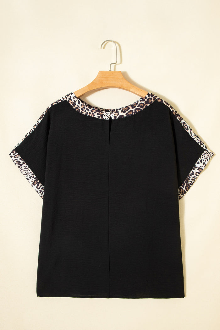 Black Plus Size Leopard Patchwork Round Neck Loose Tee