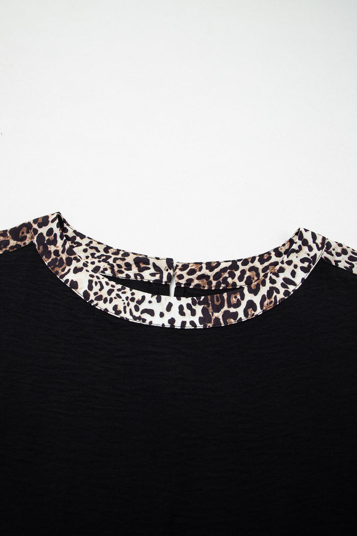 Black Plus Size Leopard Patchwork Round Neck Loose Tee