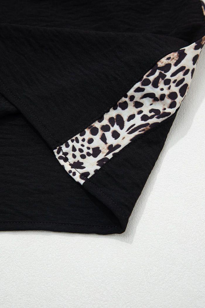 Black Plus Size Leopard Patchwork Round Neck Loose Tee