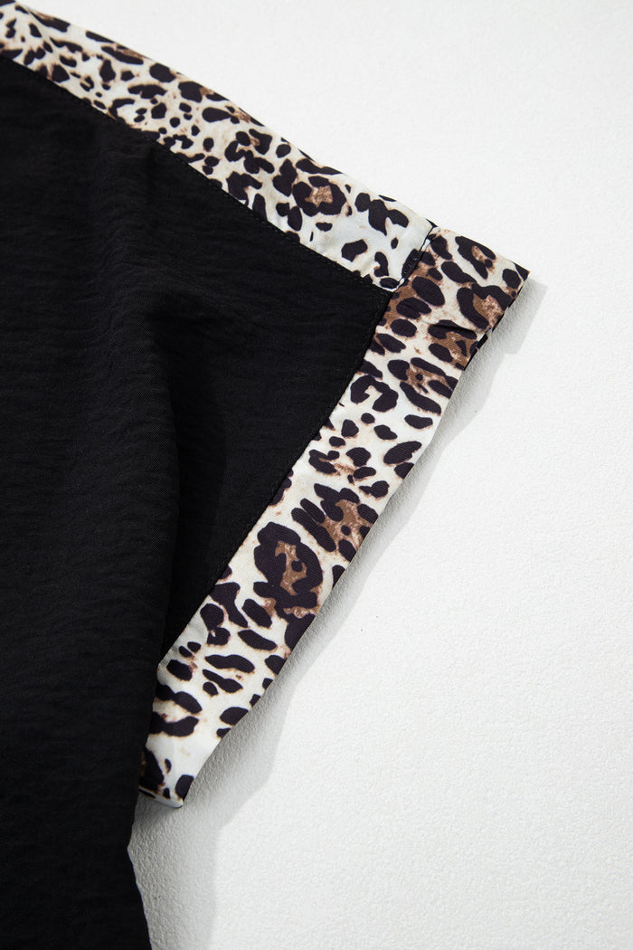 Black Plus Size Leopard Patchwork Round Neck Loose Tee