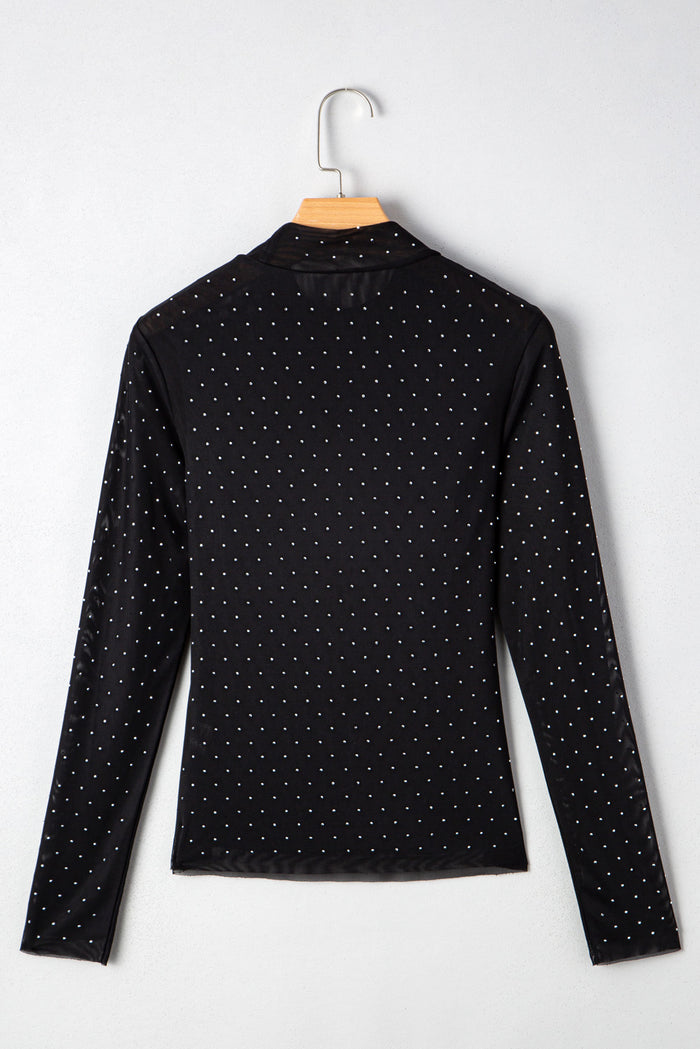 Black Rhinestone Embellished Mesh Long Sleeve Top