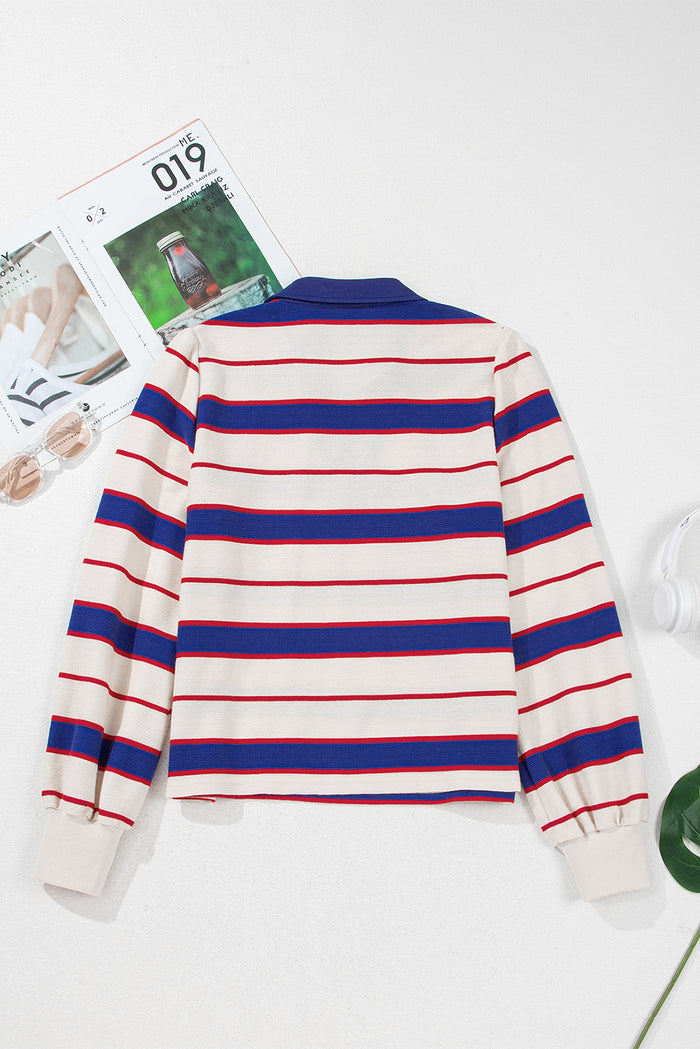 Blue Stripe Color Block Polo Pullover Sweatshirt