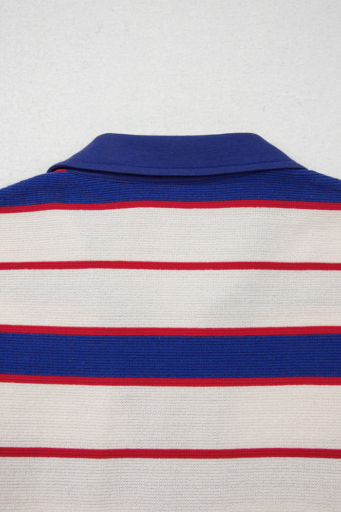 Blue Stripe Color Block Polo Pullover Sweatshirt