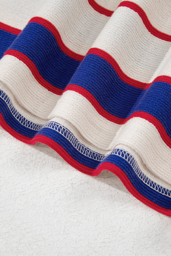 Blue Stripe Color Block Polo Pullover Sweatshirt