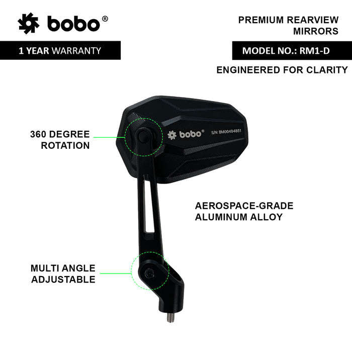 BOBO Motorcycle Rearview Mirror Featuring Hydrophobic Nano-Shield Technology
BOBO RM1-D Premium Bike Mirror for Clear Rear Visibility