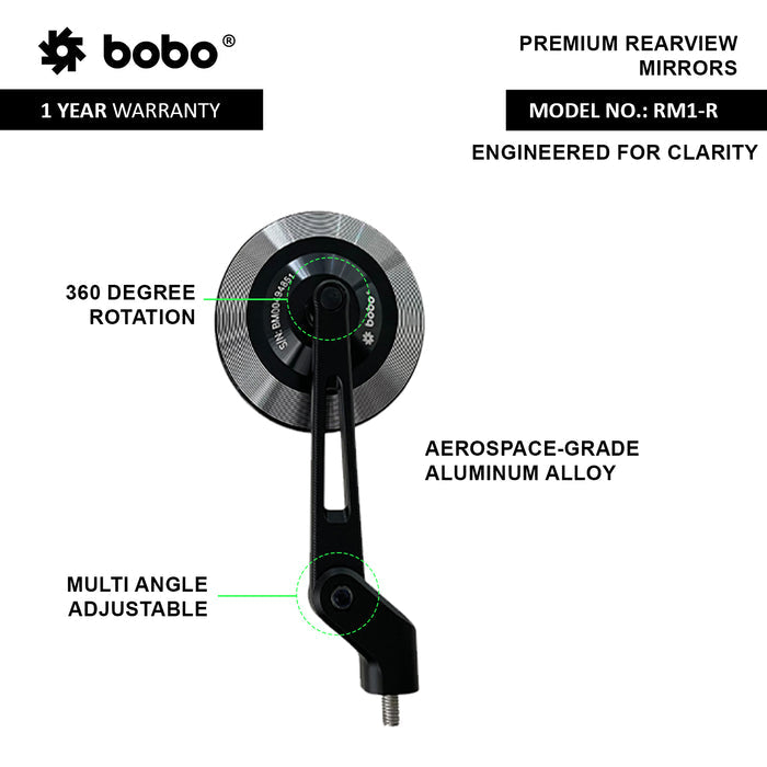 BOBO RM1-R Round Motorcycle Mirror
BOBO RM1-R Motorcycle Mirror Featuring Hydrophobic Nano-Shield Technology