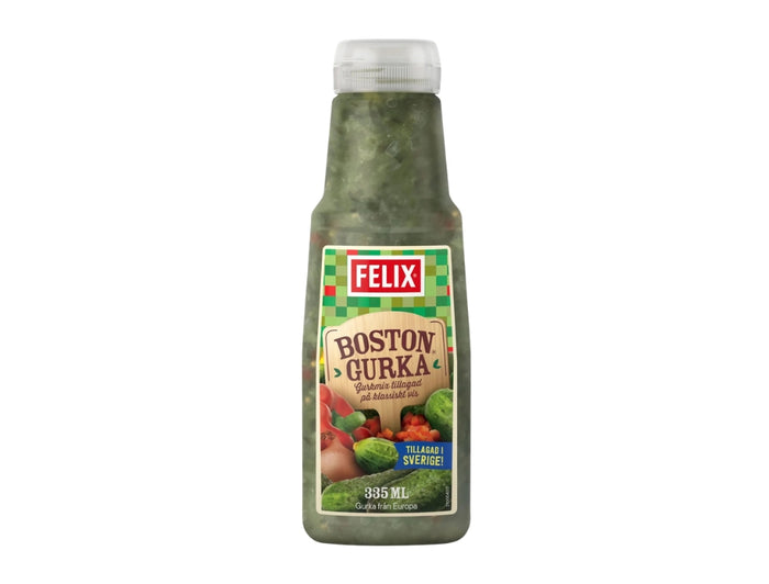 Felix Bostongurka 335ml – Swedish Pickle Relish with Cucumber, Onion, Red Pepper and Mustard Seeds