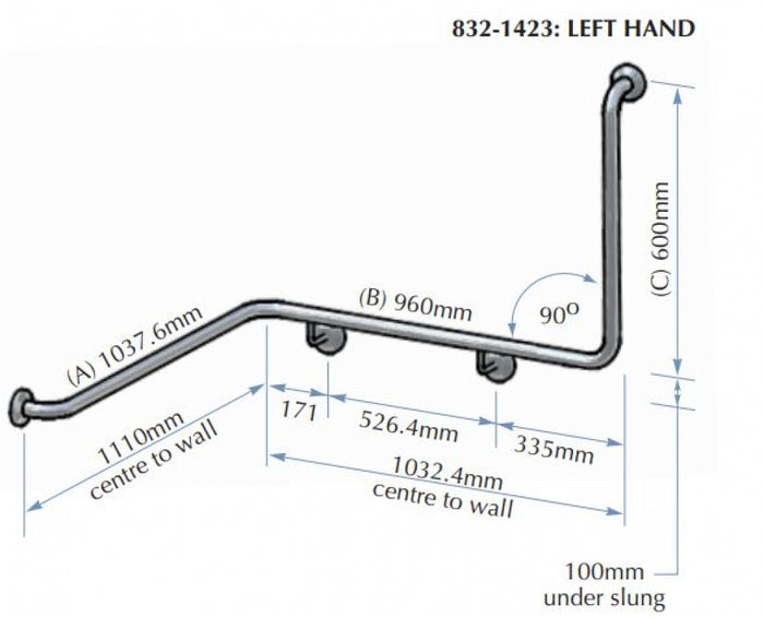 Bradley 832 Corner Toilet Grab Rail 90 Degree Right Hand