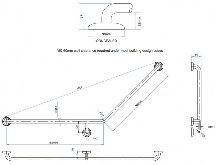 Bradley 832-MB Toilet Grab Rail 45 Degree Left Hand