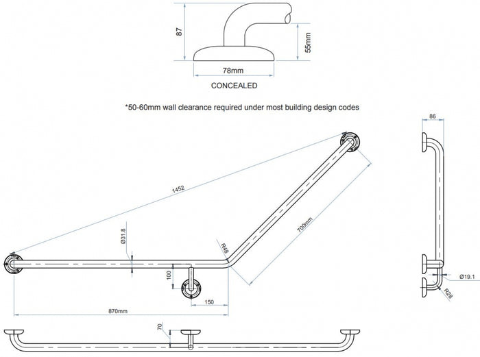 Bradley 832B-4 Toilet Grab Rail 45 Degree Left Hand