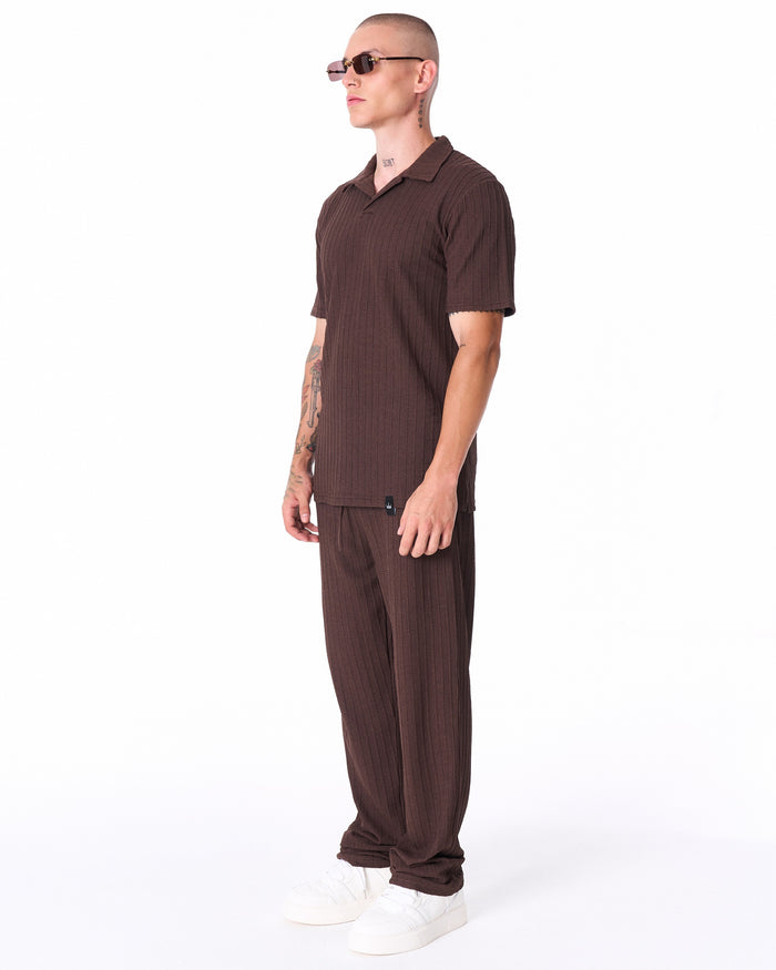 Martin Valen Breeze Fit men's brown tracksuit top, side view showing polo collar and short sleeves with ribbed texture