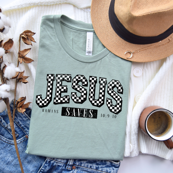Checkered Jesus Saves Graphic Tee D-1105