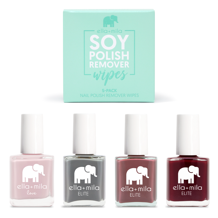 Cherry Blossom set: Soy Polish Remover Wipes with nude, grey, mauve and burgundy nail polish – ella+mila