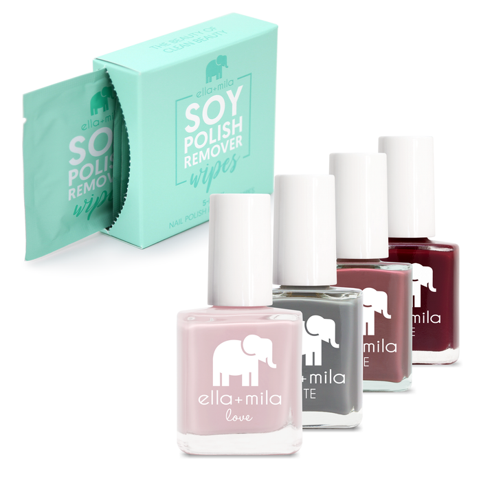 Cherry Blossom gift set with four nail polish bottles and remover wipes box